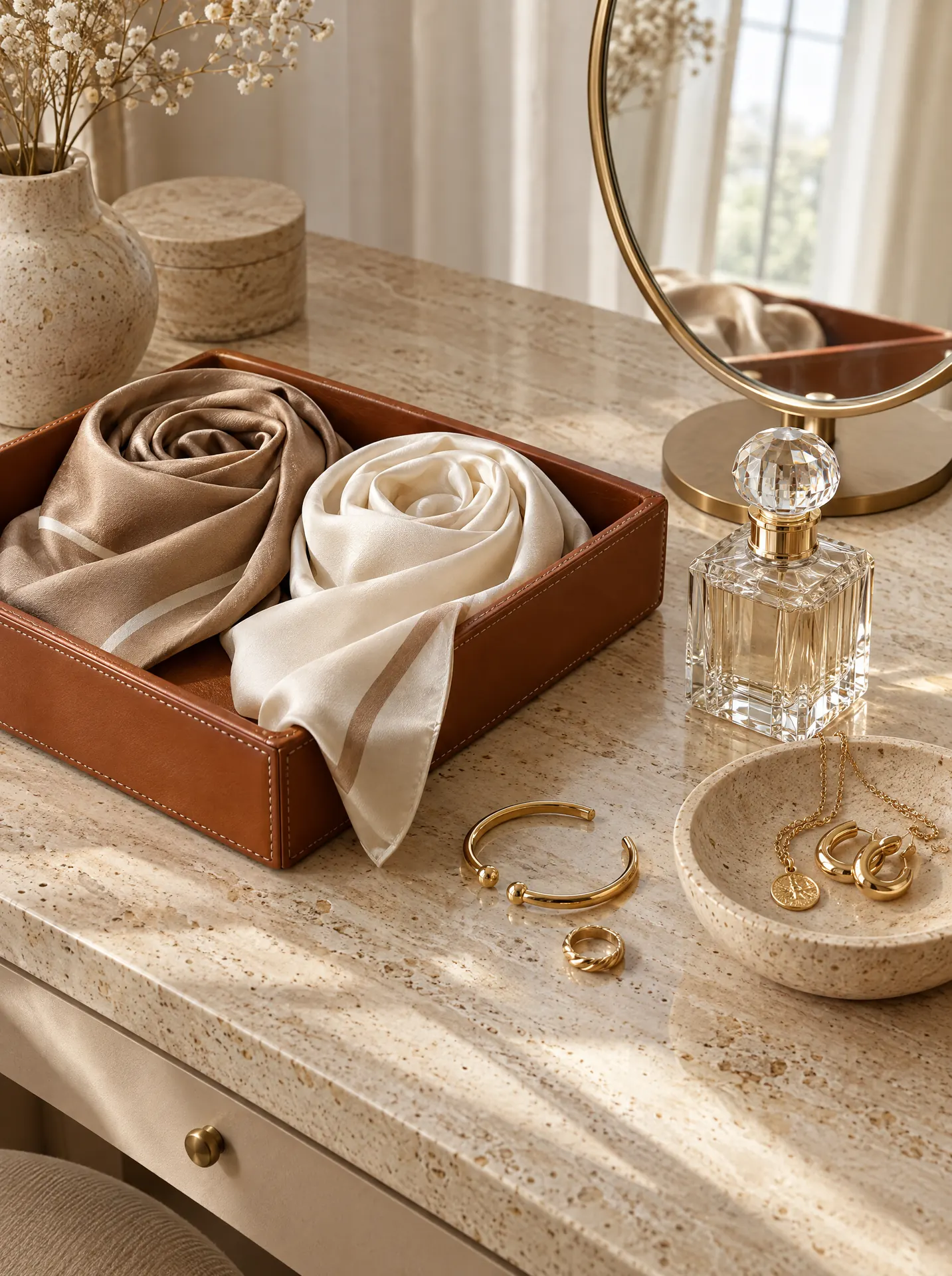Silk scarves and gold jewellery on a travertine dressing table