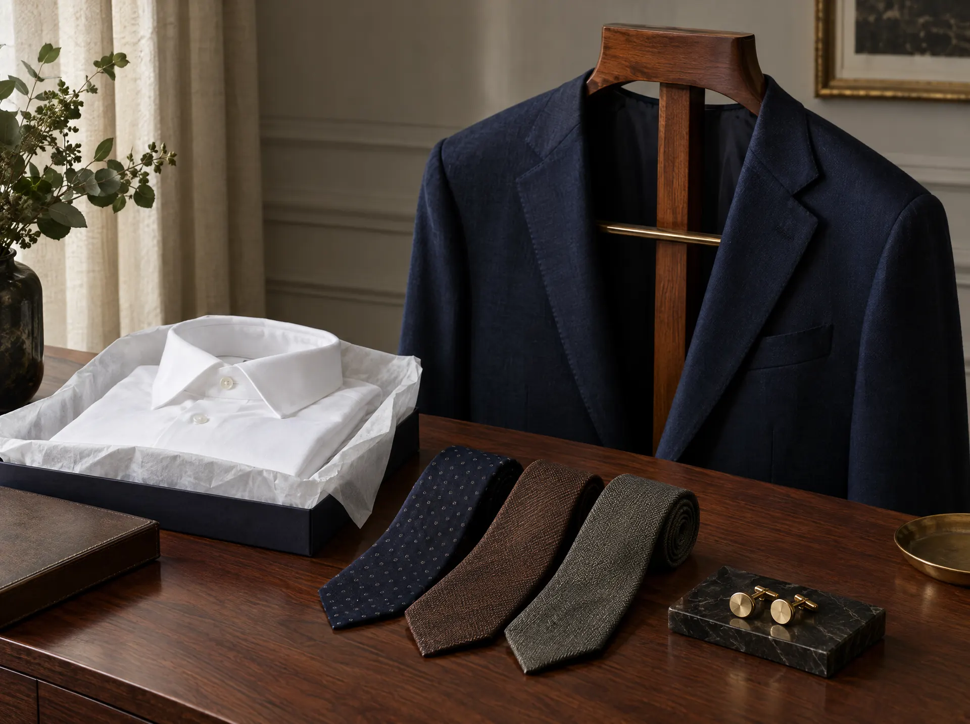 Men's tailoring on a valet stand