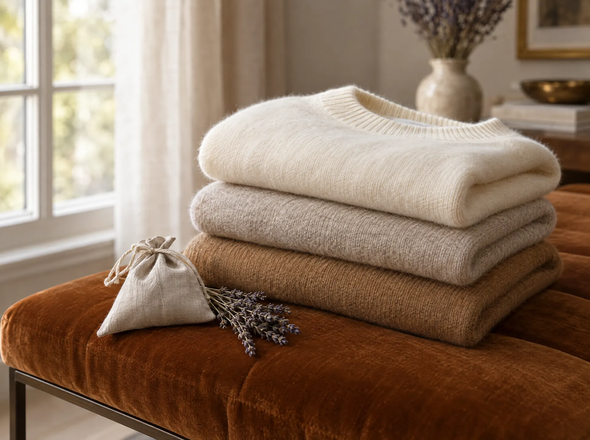 Folded cashmere on a velvet bench