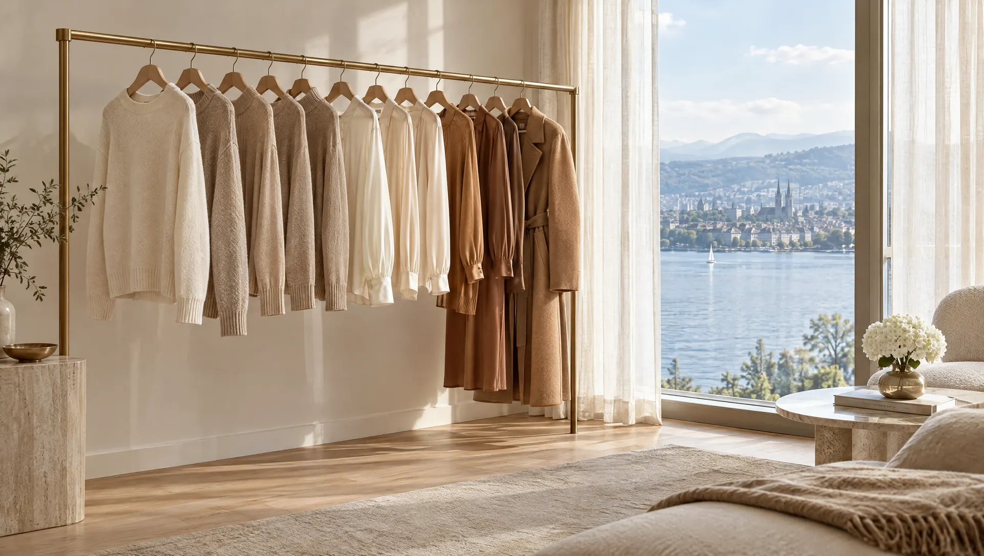 Cashmere and silk on a brass rail in a bright Zurich apartment