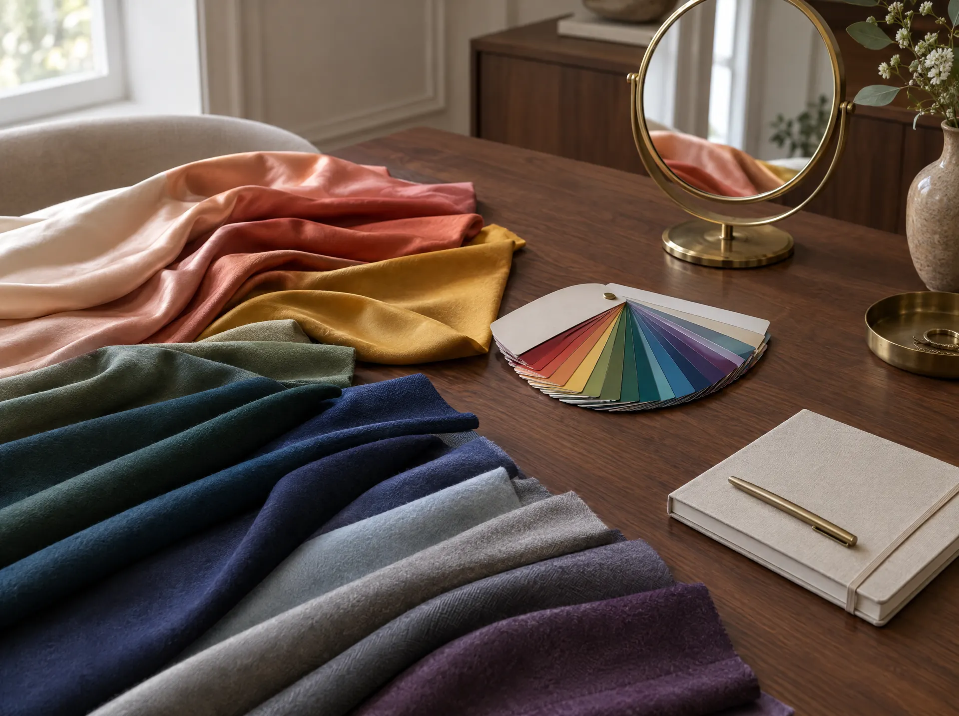 Fabric drapes and colour swatches for a colour analysis