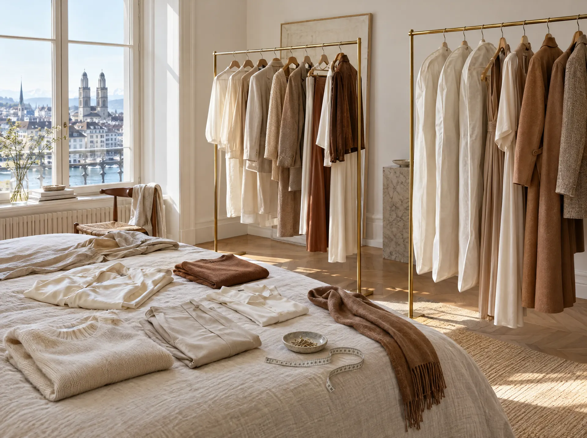 Garments sorted on brass rails during a wardrobe edit