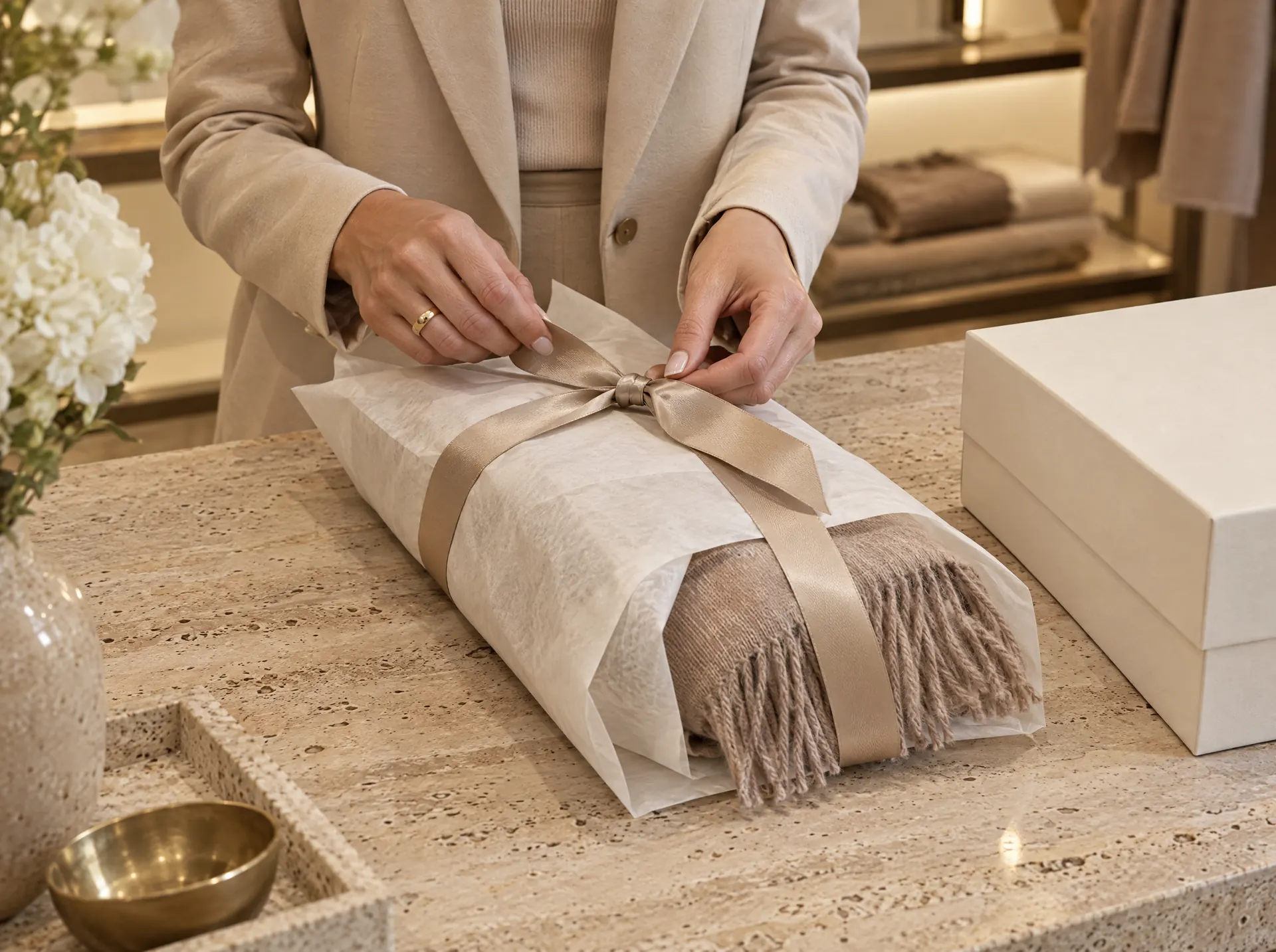 A purchase wrapped in tissue paper with a satin ribbon