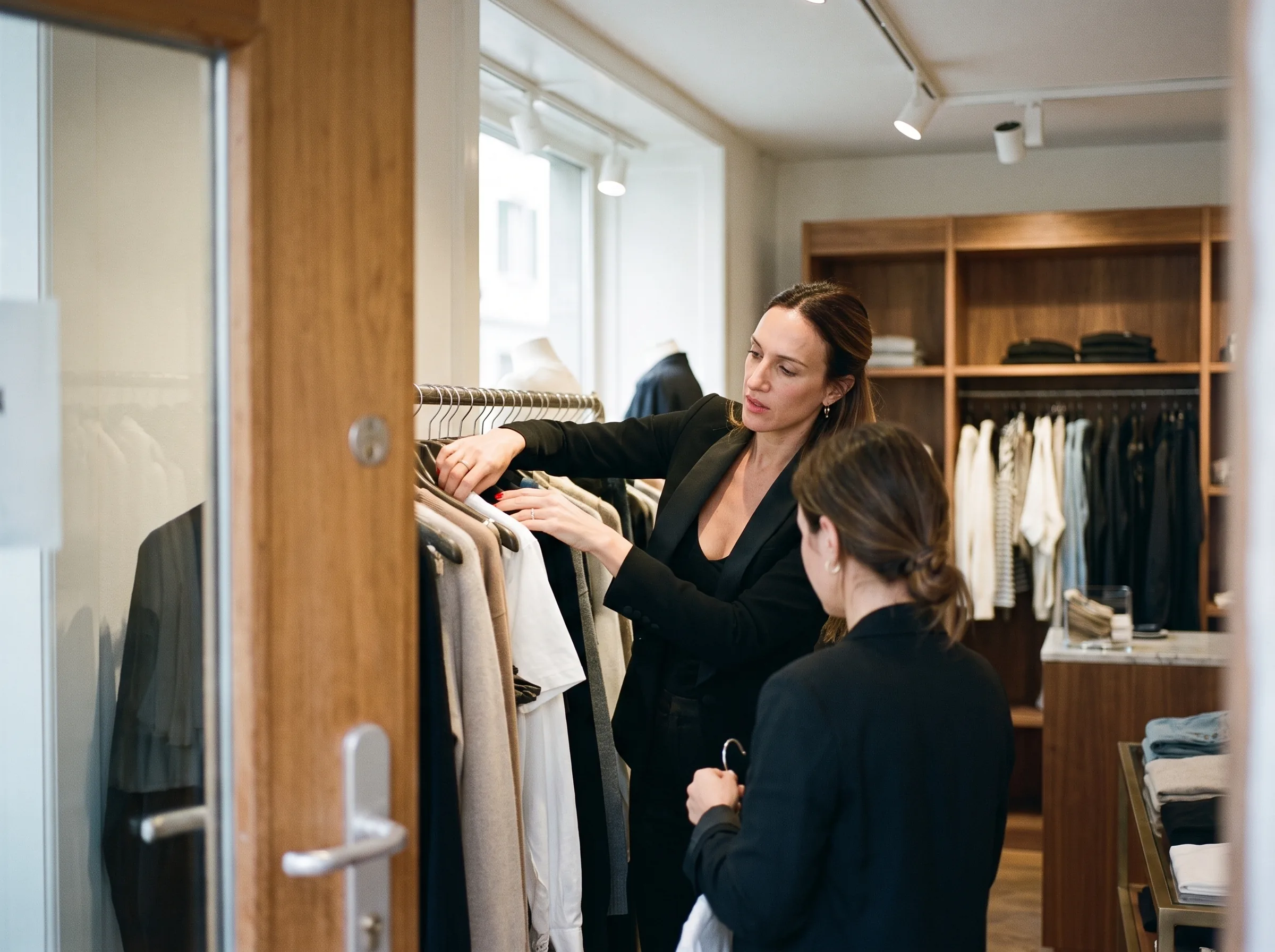 Gianfranca reorganising a rail with a boutique manager