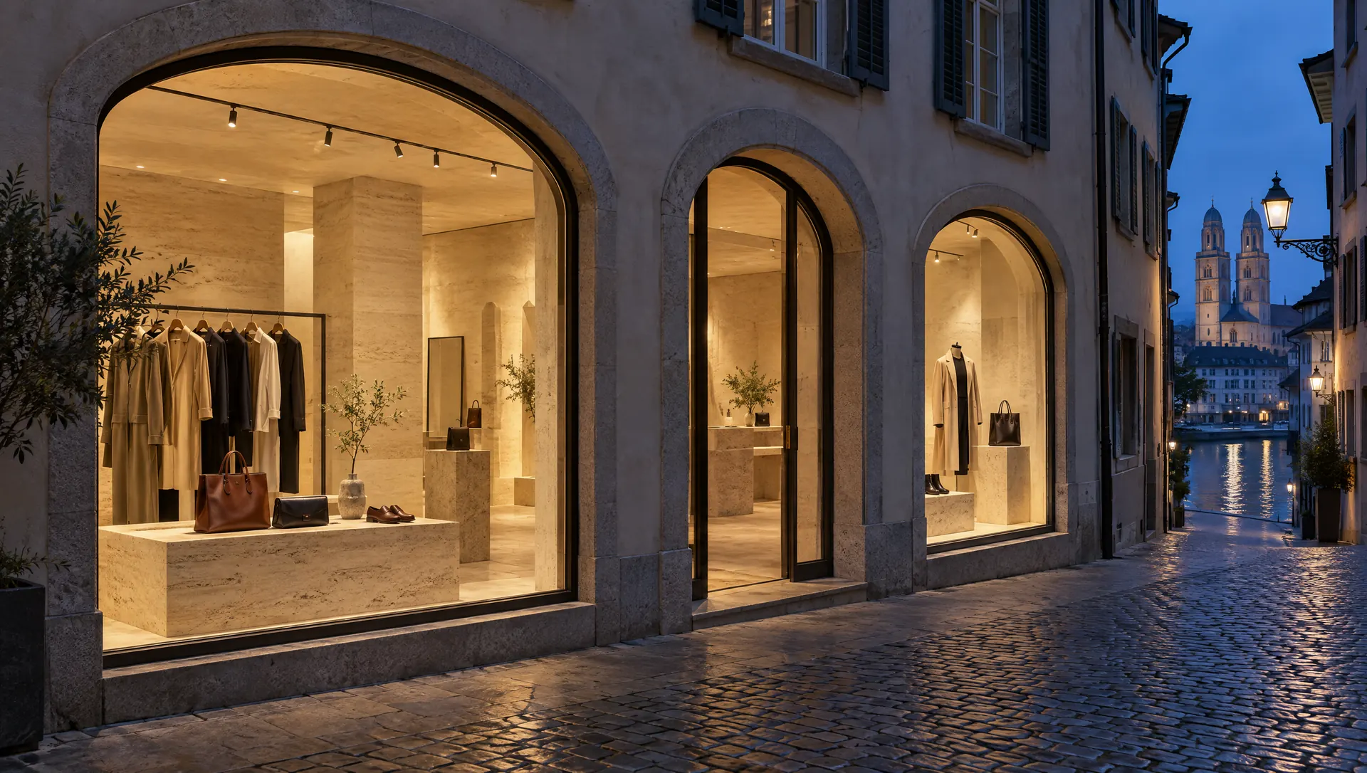 A boutique in Zurich old town glowing at blue hour
