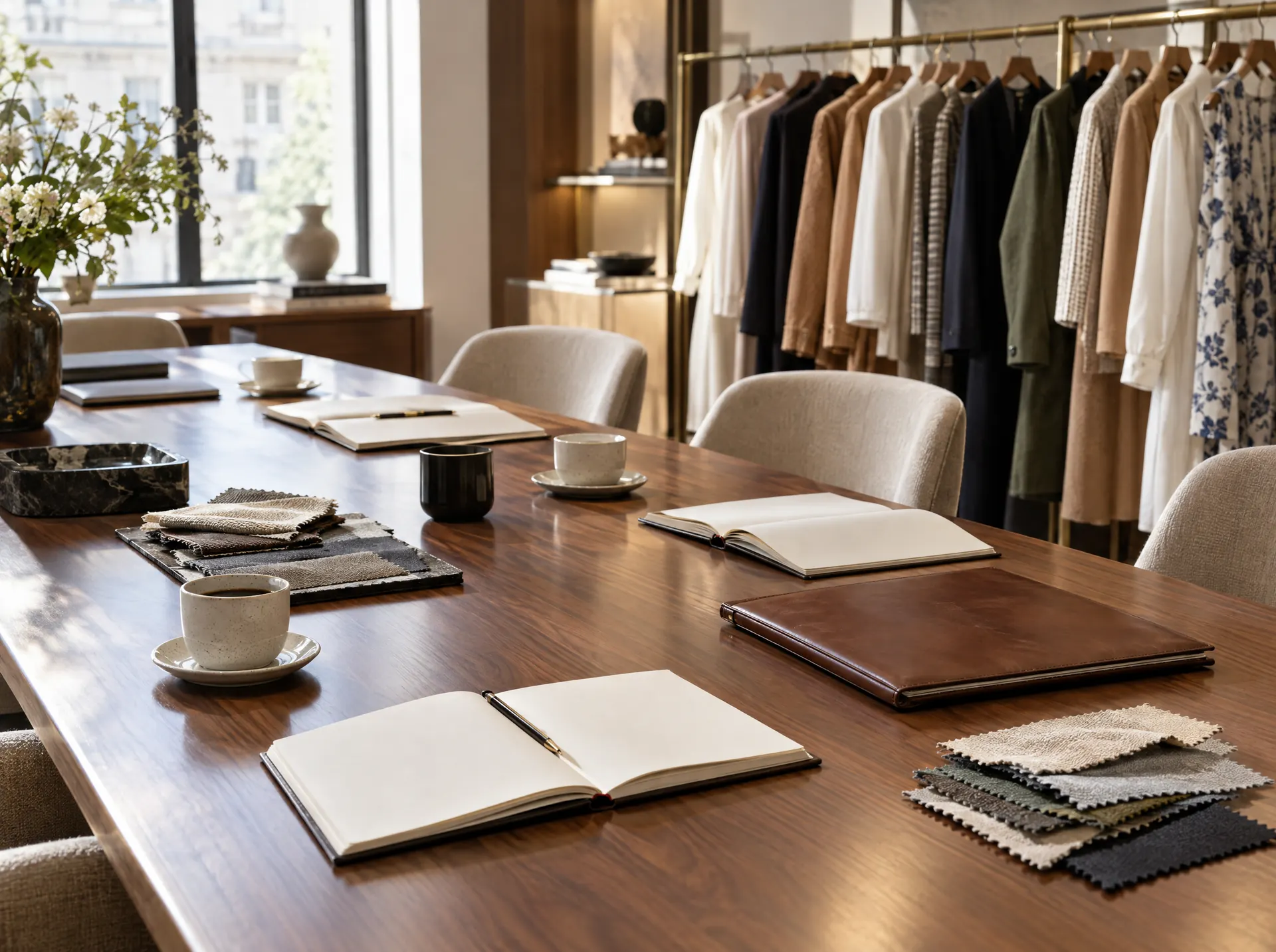 A boutique team briefing table before opening