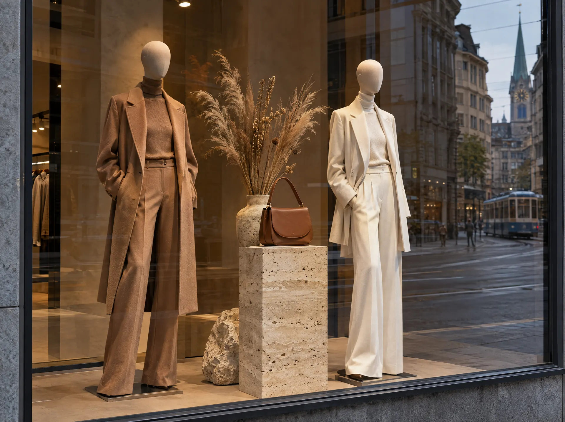 A boutique window display in camel and ivory