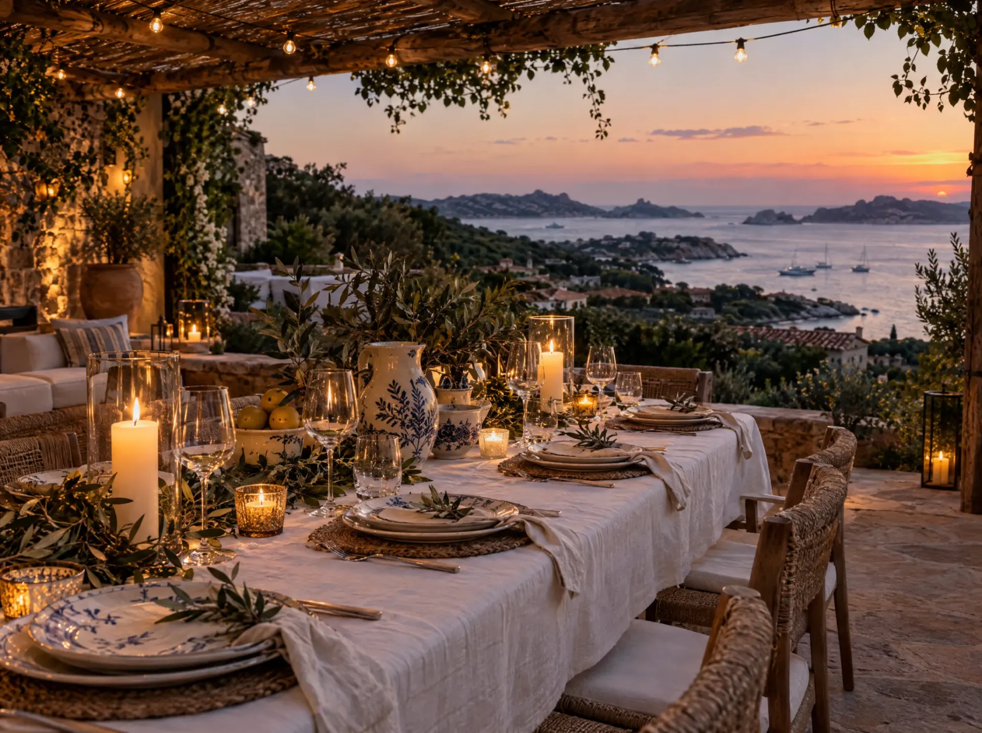 Dinner on a terrace above the sea at sunset