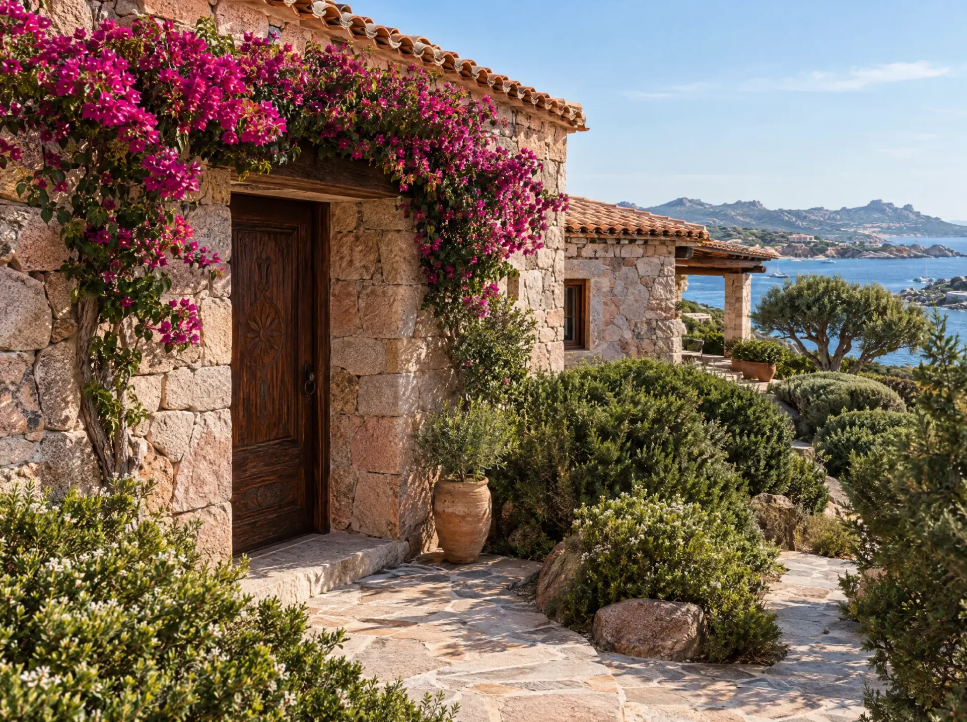 Granite and bougainvillea of a Sardinian villa