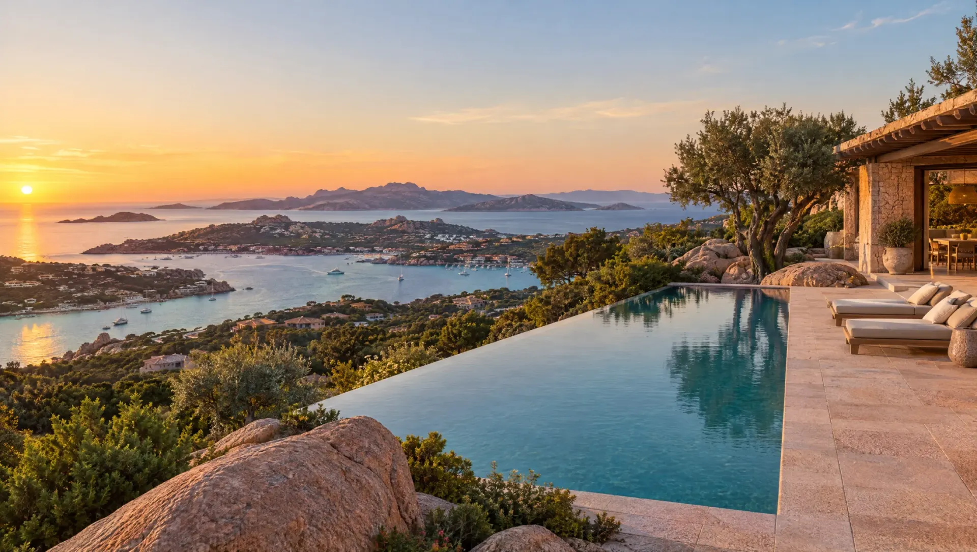 Villa terrace above Porto Cervo at sunset