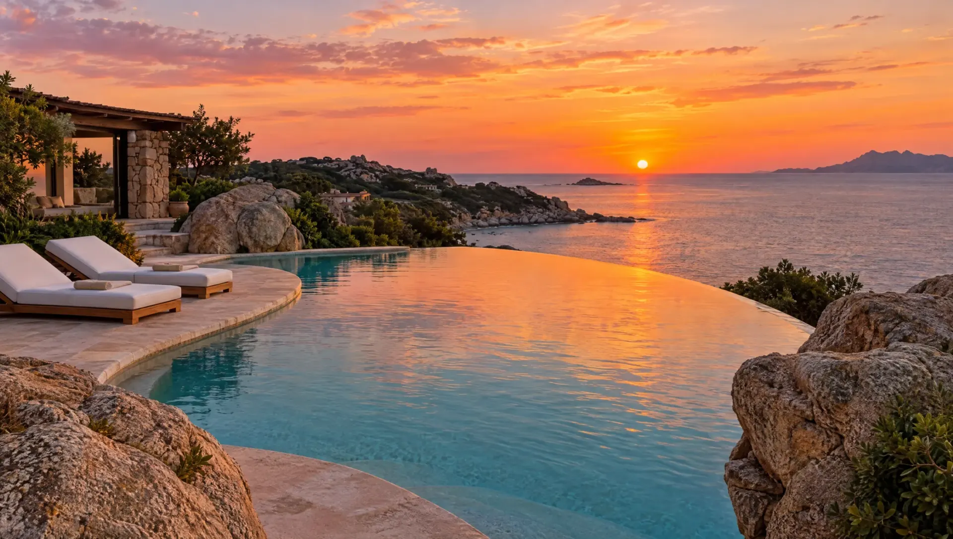 Infinity pool at sunset on the Costa Smeralda