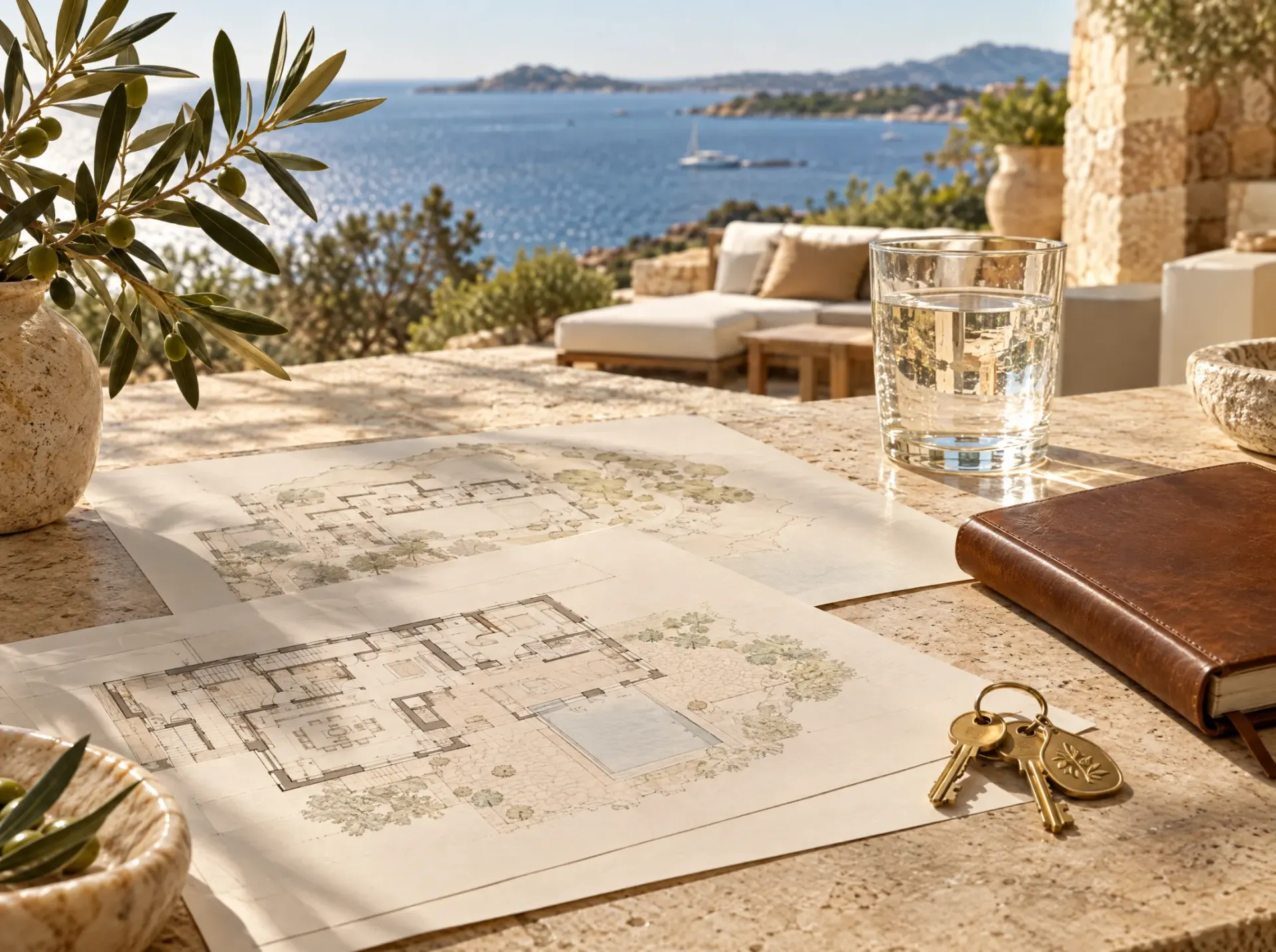 Floor plans and keys on a terrace table